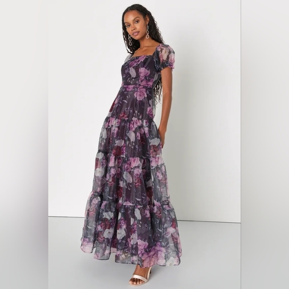 Lulus Delightful Expression Black Floral Organza Tiered Maxi Dress XS Wedding - Picture 2 of 10